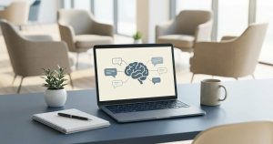 A laptop on a desk displaying a brain and speech bubble graphic, representing the curriculum of the best NLP certification for online and in-person learning.