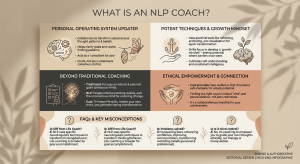 A detailed infographic explaining the definition, techniques, and ethical principles of working with an NLP coach, including a comparison to traditional life coaching.