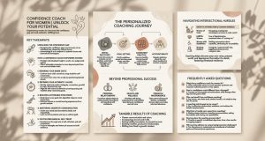 Infographic detailing the journey, benefits, and FAQs of working with a confidence coach for women.