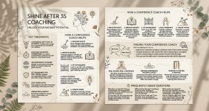 Shine After 35 Coaching infographic detailing the benefits of a confidence coach for women over 35.