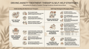 Driving anxiety treatment infographic with CBT, exposure therapy, panic management, and self-help driving strategies.