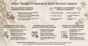 Online therapy for burnout support infographic explaining stress recovery and burnout symptoms