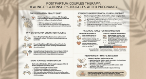 Infographic on postpartum couples therapy, detailing relationship struggles after pregnancy and tools for reconnection.