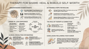 Infographic on Therapy for Shame: How to Heal and Rebuild Self-Worth, detailing its roots, action steps, and modalities.