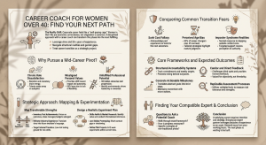 Infographic on how a career coach for women over 40 helps navigate mid-career pivots, map strengths, and conquer fears.