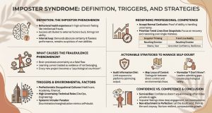 An infographic about Imposter Syndrome: Definition, Triggers, and Strategies