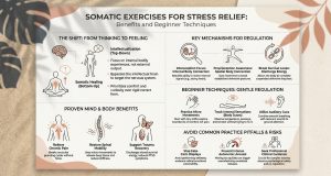 An infographic about Somatic Exercises for Stress Relief: Benefits and Beginner Techniques